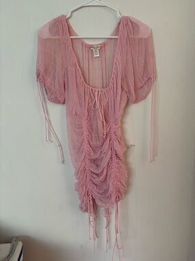 for love & lemons light pink bow tie puff sleeve ruched sheer mini dress💕